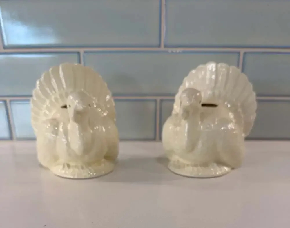 Pair of Vintage Cream Ceramic Thanksgiving Turkey Taper Candle Holders